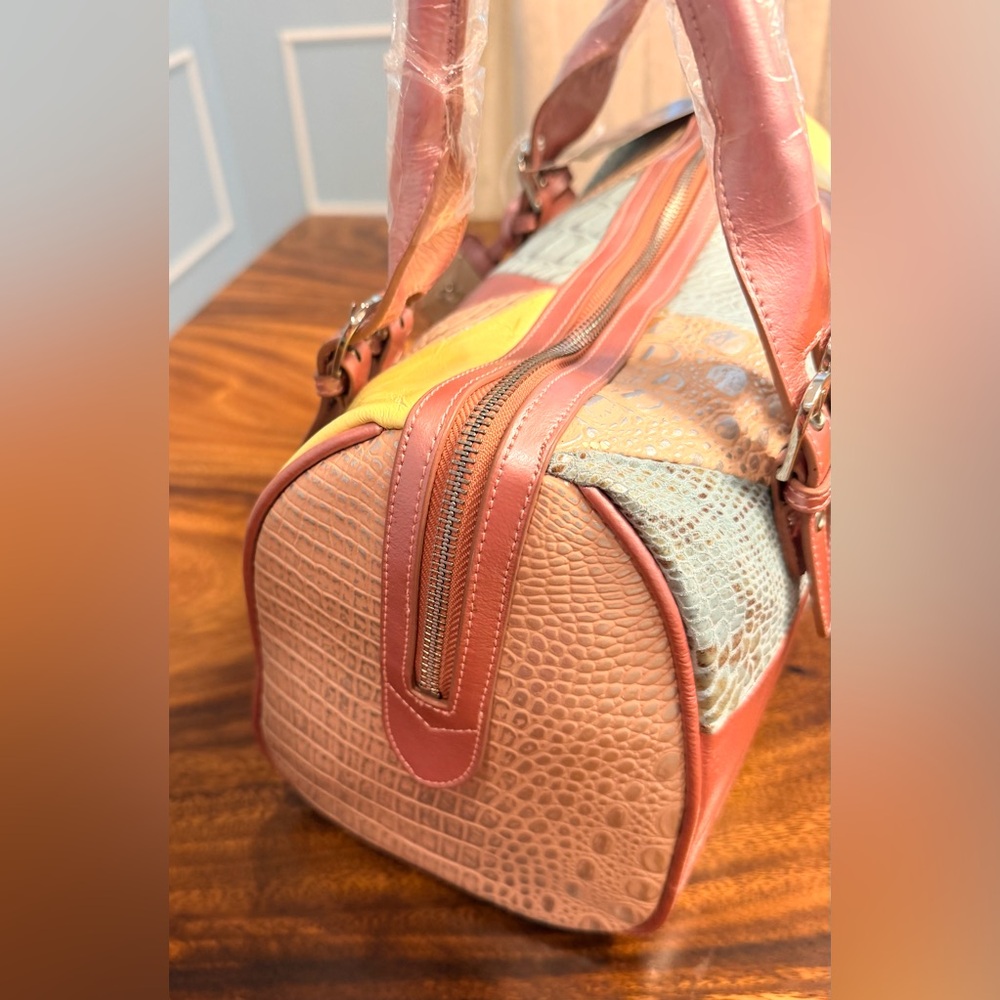 Sharif Multicolor Patchwork Leather Satchel - Coral, Yellow, Beige - Picture 4 of 16